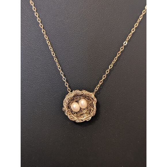 Precious Meshes 925 Sterling Hand Crocheted Wire Pearl Bird Nest Necklace - Picture 8 of 8